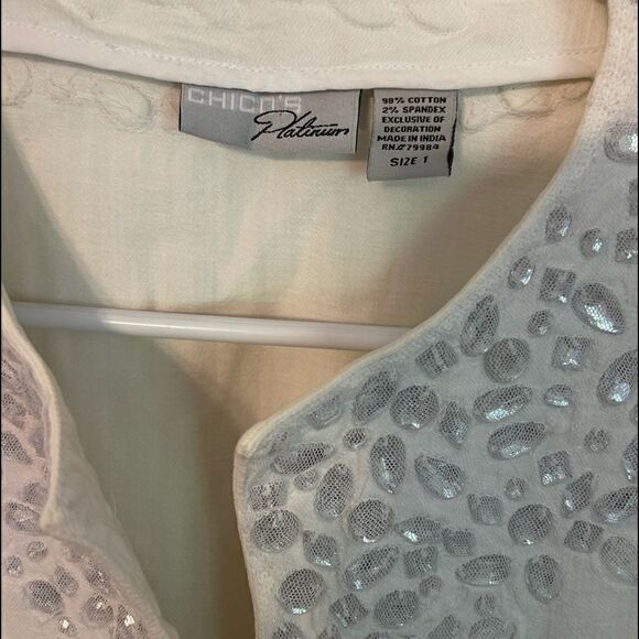 CHICO’S PLATINUM White Embellished Cotton Blazer Jacket.Size 1 - Picture 12 of 15
